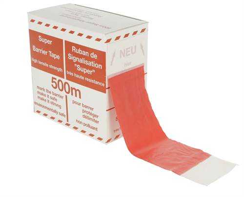 Folien-Absperrband 100m x 80mm rot-weiß geblockt, Abrollbox